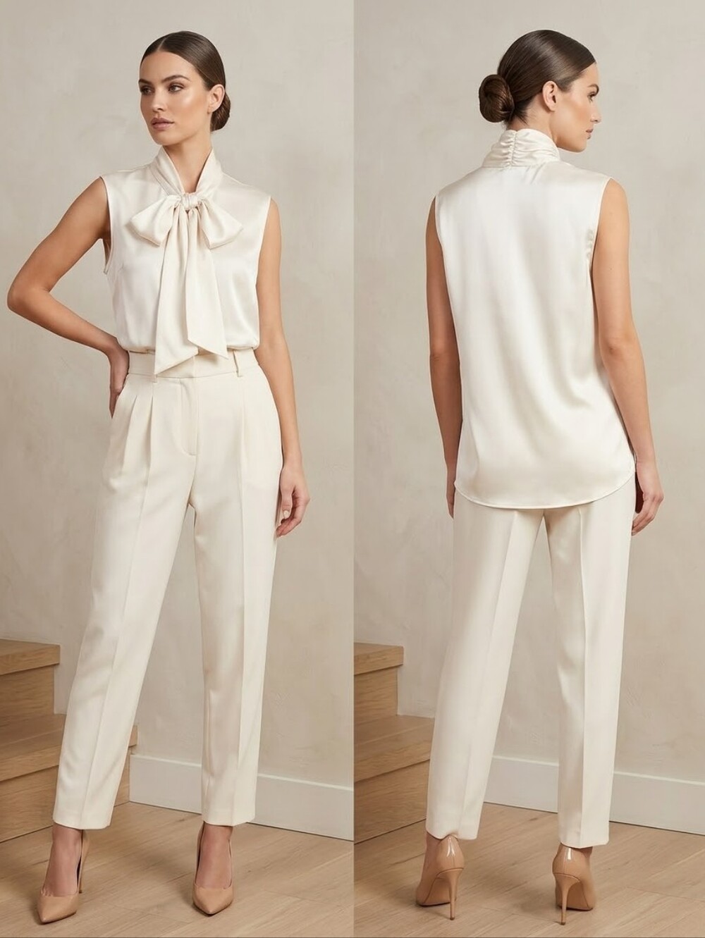 Elegant Cream Sleeveless Bow-Neck  Top Size 1x